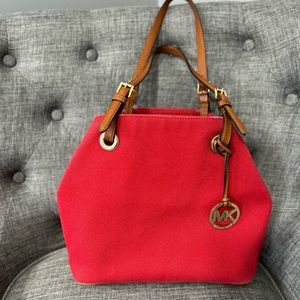Michael Kors Red/Brown Canvas and Leather Large Raven Shoulder Bag